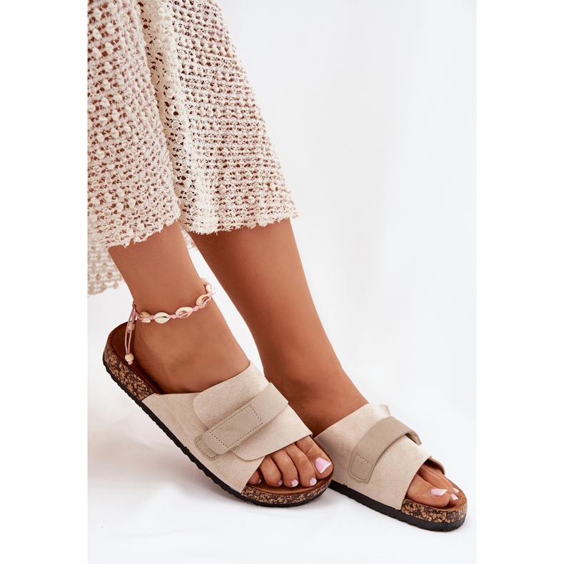 Damenflip Flops mit Klettverschluss auf einer Korkplattform Beige 2