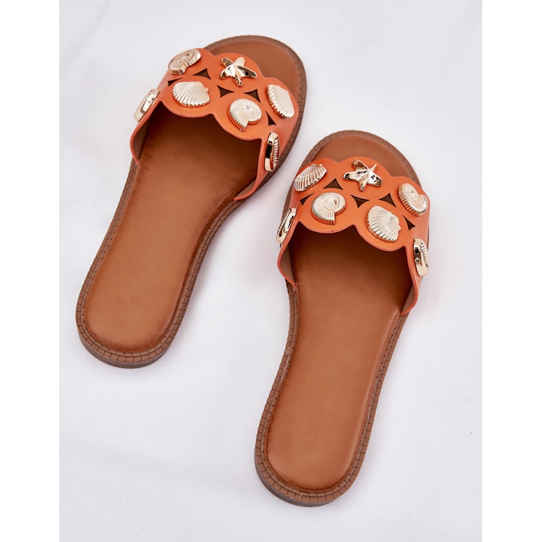 Flach -geköpfte Frauen -Flip -Flops mit goldenen Stiften Orange 1
