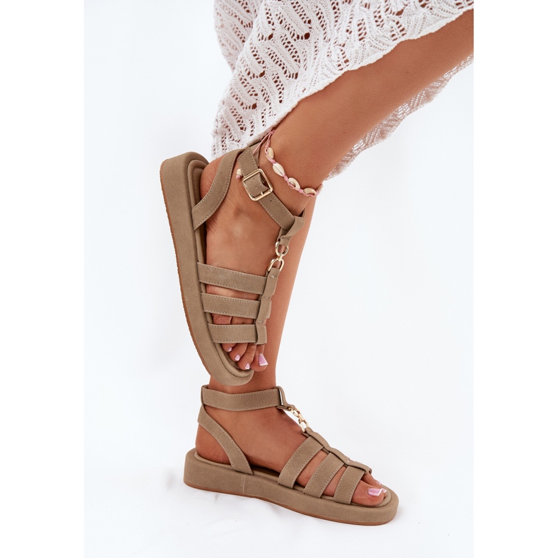Frauensandalen auf der Plattform mit dem goldenen Detail Khaki beige 2