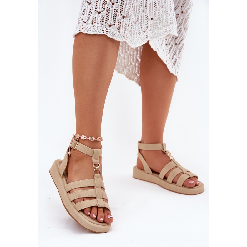 Frauensandalen auf der Plattform mit goldenem Detail Beige 2
