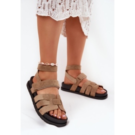 Öko -Wildlederinnen -Sandalen mit Klettverschluss dunkler Beige 2