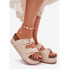 Die Flips von Frauen flops mit Schnallen auf einer massiven Plattform Beige 1