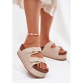 Die Flips von Frauen flops mit Schnallen auf einer massiven Plattform Beige 2