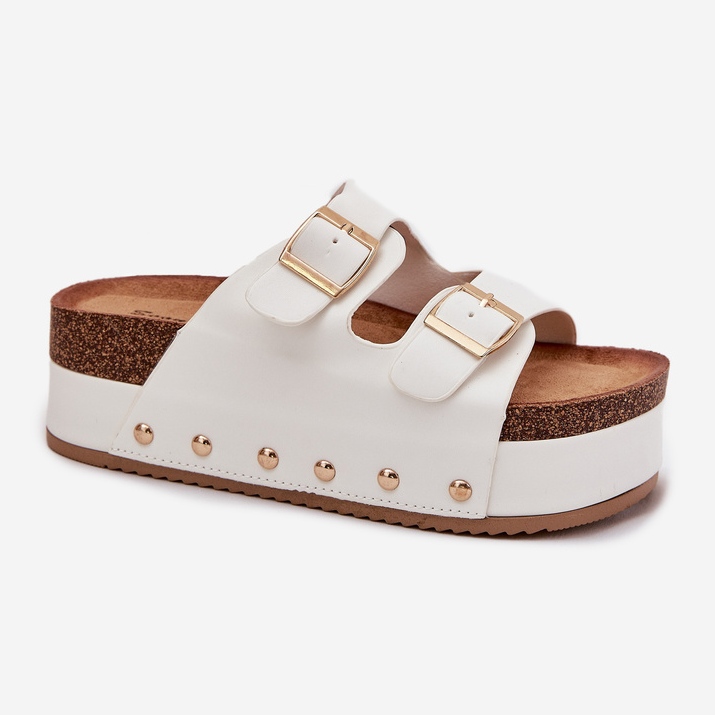 Damenflip flops mit Schnallen auf einer massiven Plattform weiß 1