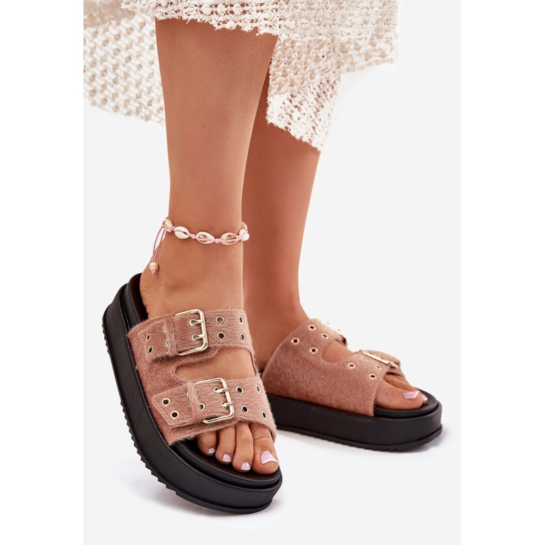 Flip Flops für Frauen mit goldenen Schnallen auf der Plattform Beige rosa 1