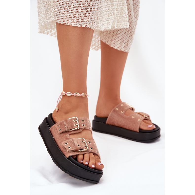 Flip Flops für Frauen mit goldenen Schnallen auf der Plattform Beige rosa 2