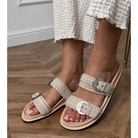 Beige Flip Flops mit Streifen und Zirkonen auf den Klemmen 1