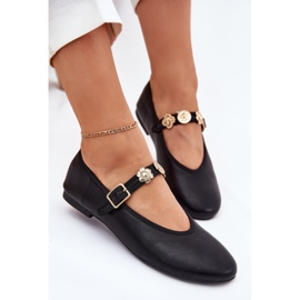 Frauen Ballerinas mit einem Gürtel und goldenen Stiften schwarz 5
