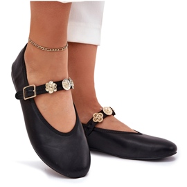 Frauen Ballerinas mit einem Gürtel und goldenen Stiften schwarz 6