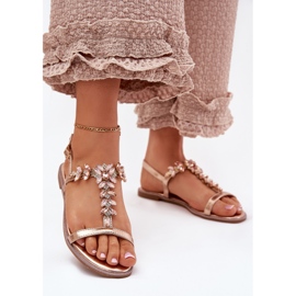 Flache Frauensandalen mit Kristallen rosa Gold golden 2