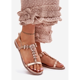 Flache Frauensandalen mit Kristallen rosa Gold golden 1