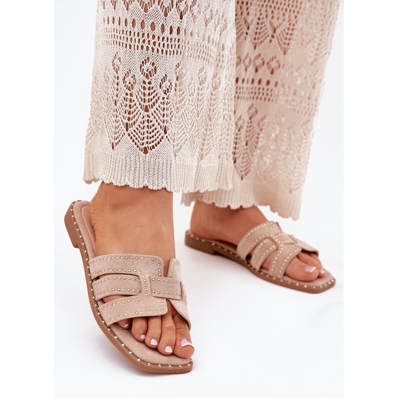 Dekorierte flach -geköpfte Flip Flops Khaki beige 2