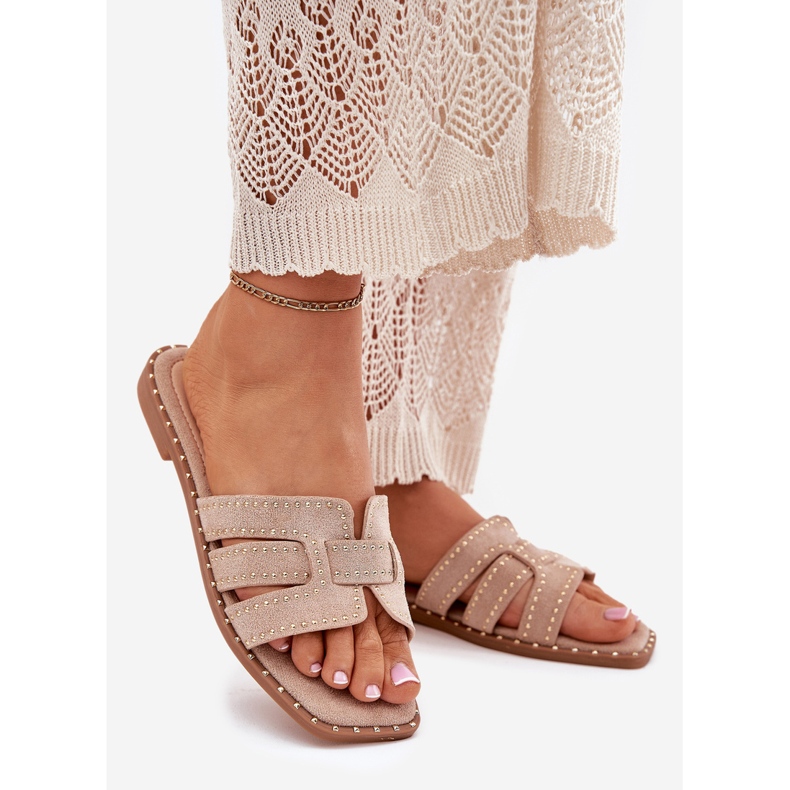 Dekorierte flach -geköpfte Flip Flops Khaki beige 1