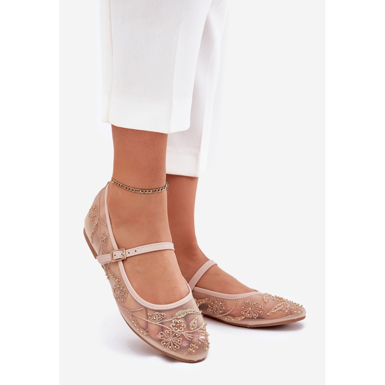 Mesh Ballerinas mit Stickerei und beige Dekoration 1