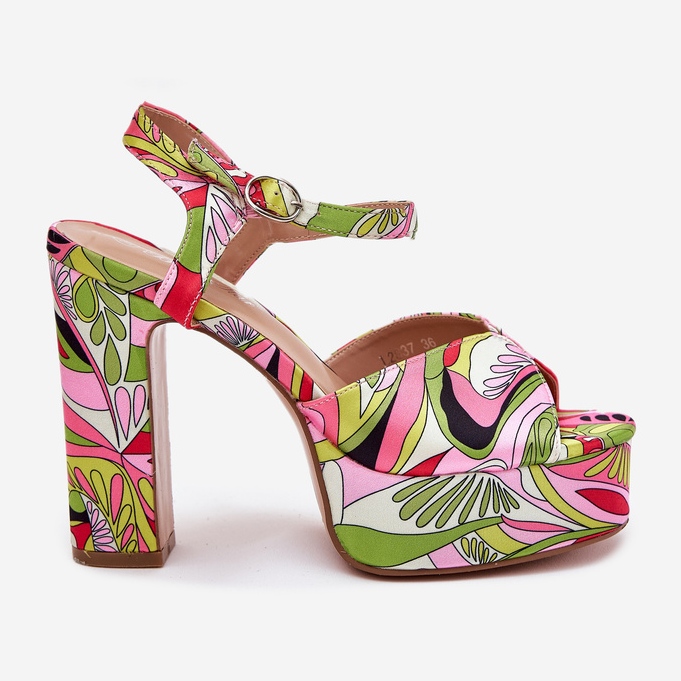 Gemusterte Sandalen auf der Post und pinkgrüne Plattform rosa 1