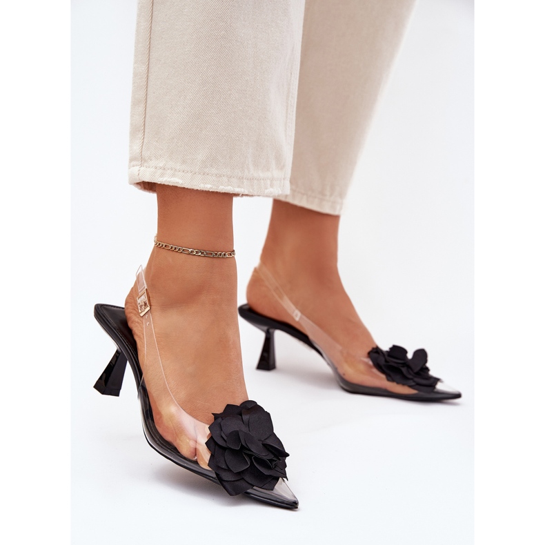 Transparente Sandalen auf einer High Heel mit einer dekorativen Blume schwarz 2