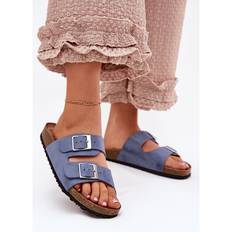 Damenflip flops auf der Korkplattform blaue Schnallen 2