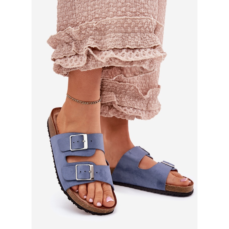 Damenflip flops auf der Korkplattform blaue Schnallen 1