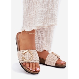 Damenflip Flops auf einer Korkplattform mit einer goldenen Klemme Beige 1