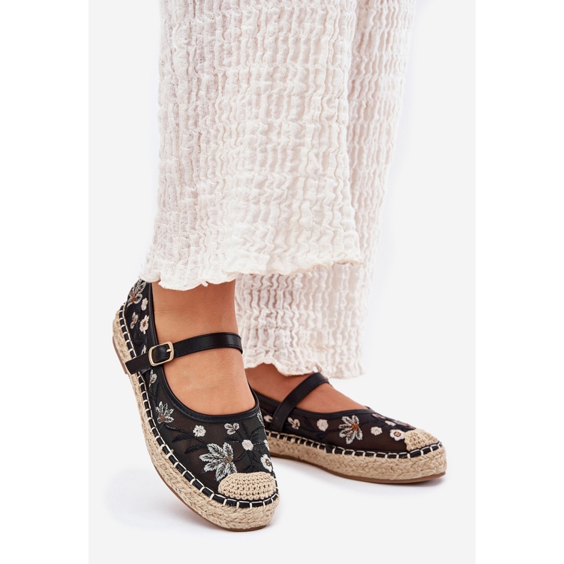 Mesh Espadrilles mit Stickerei auf der schwarzen Plattform 1