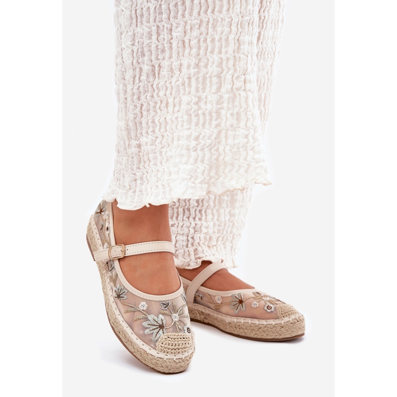 Mesh Espadrilles mit Stickerei auf der beige Plattform 1