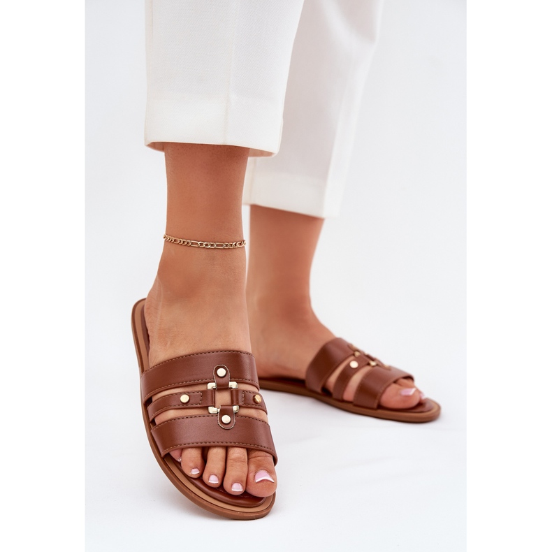 Flat -Frauen -Flip -Flops mit einem goldenen Detailkamel braun 2