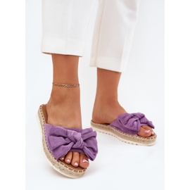 Damenflip Flops auf der Plattform mit Geflecht und violettem Bogen lila 2