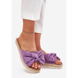 Damenflip Flops auf der Plattform mit Geflecht und violettem Bogen lila 1