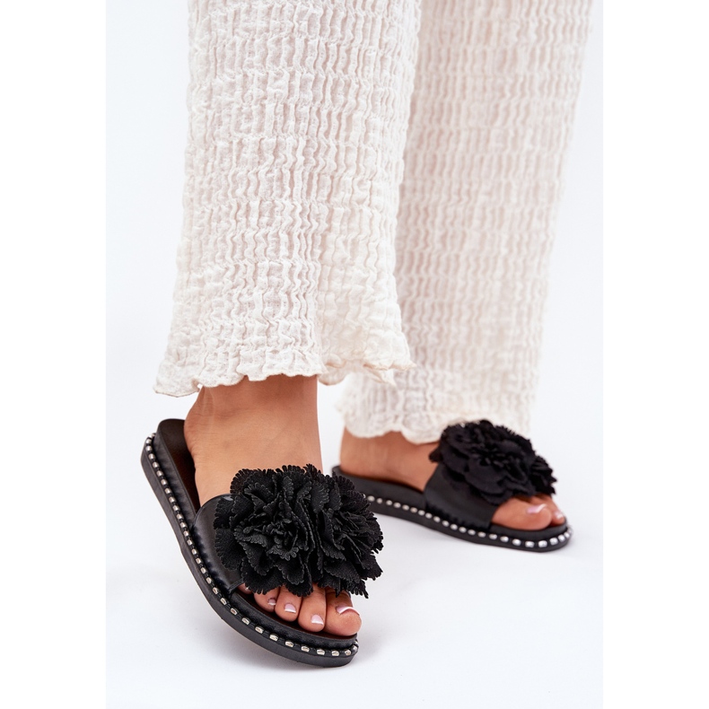 Frauenflip flops mit Stoffblumen schwarz 2