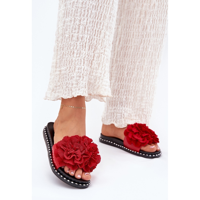 Frauenflip flops mit materiellen Blumen rot 2