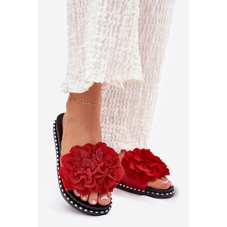 Frauenflip flops mit materiellen Blumen rot 1