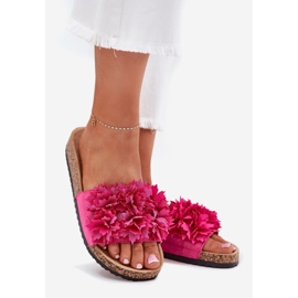 Frauenflip flops auf einer Korksohle mit Fuchsia -Blumen rosa 1