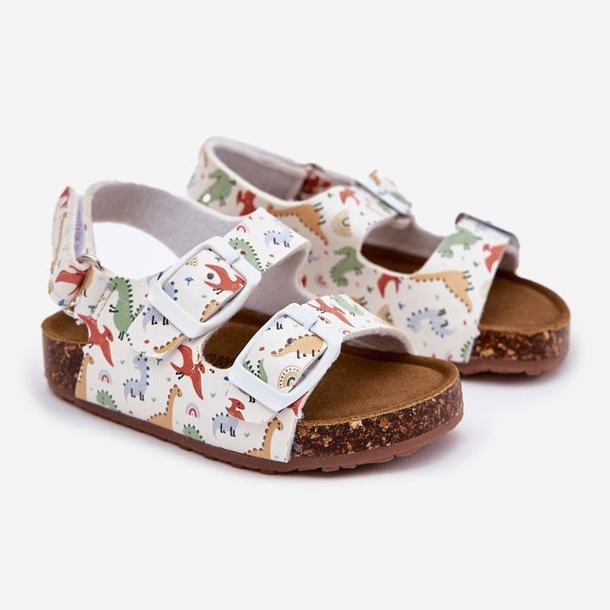 Kindersandalen auf einer Korkensohle mit Schnallen Dinosaurier mehrfarbig weiß 1