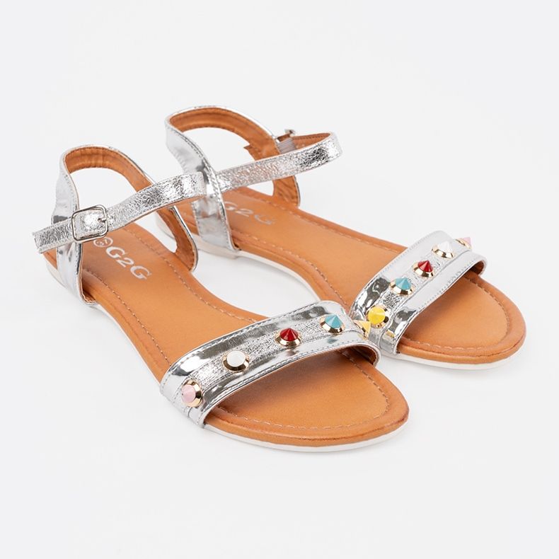 Silber flache Sandalen mit farbenfrohen Stollen 1