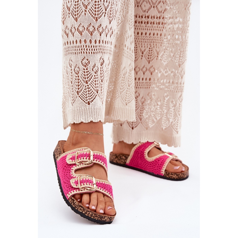 Häkeln der Flip -Flops für Frauen mit goldenen Schnallen Fuchsia rosa 2