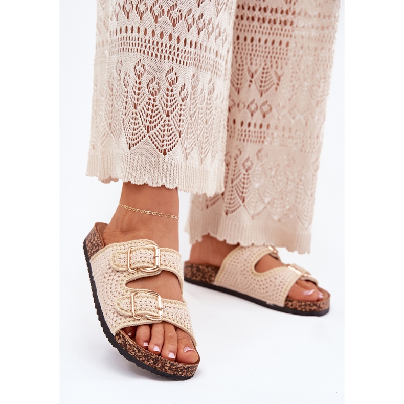 Häkeln von Frauen Flip Flops mit goldenen Schnallen Beige 2