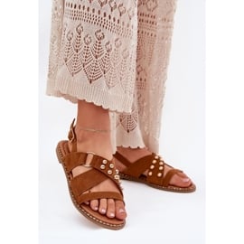 Flach -heftige Frauensandalen mit Kamelgoldenen Stollen braun 2