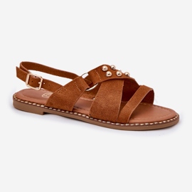 Flach -heftige Frauensandalen mit Kamelgoldenen Stollen braun 4
