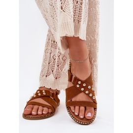 Flach -heftige Frauensandalen mit Kamelgoldenen Stollen braun 3