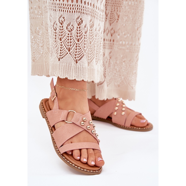 Flach -geköpfte Frauensandalen mit goldenen Stollen rosa 2