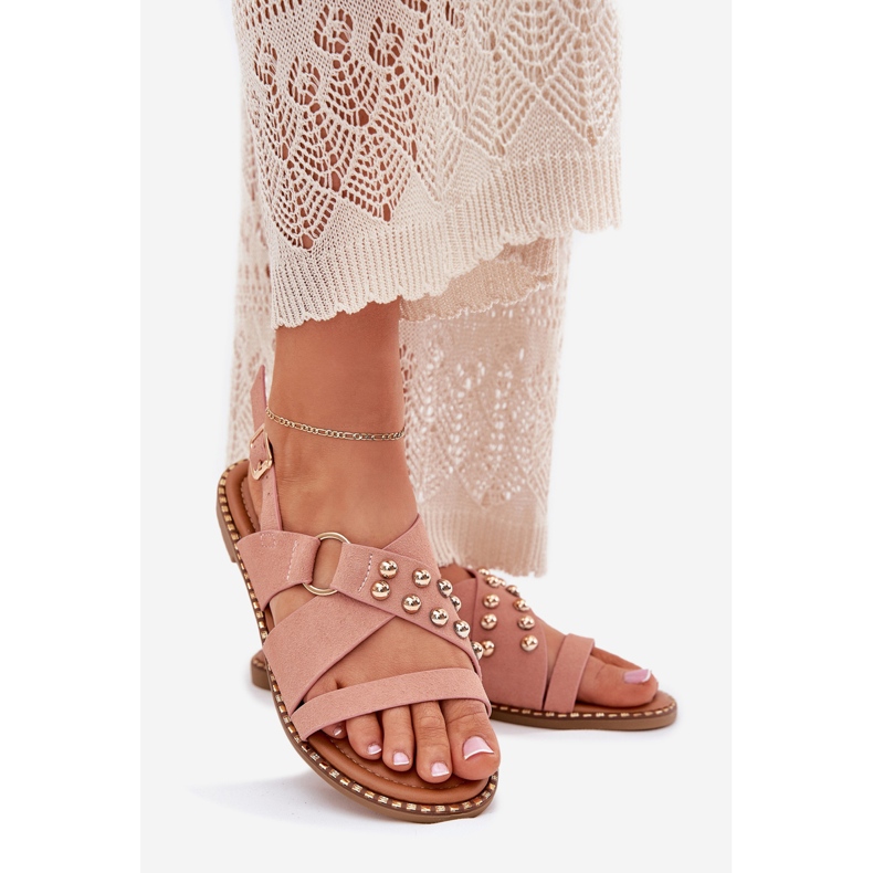 Flach -geköpfte Frauensandalen mit goldenen Stollen rosa 1