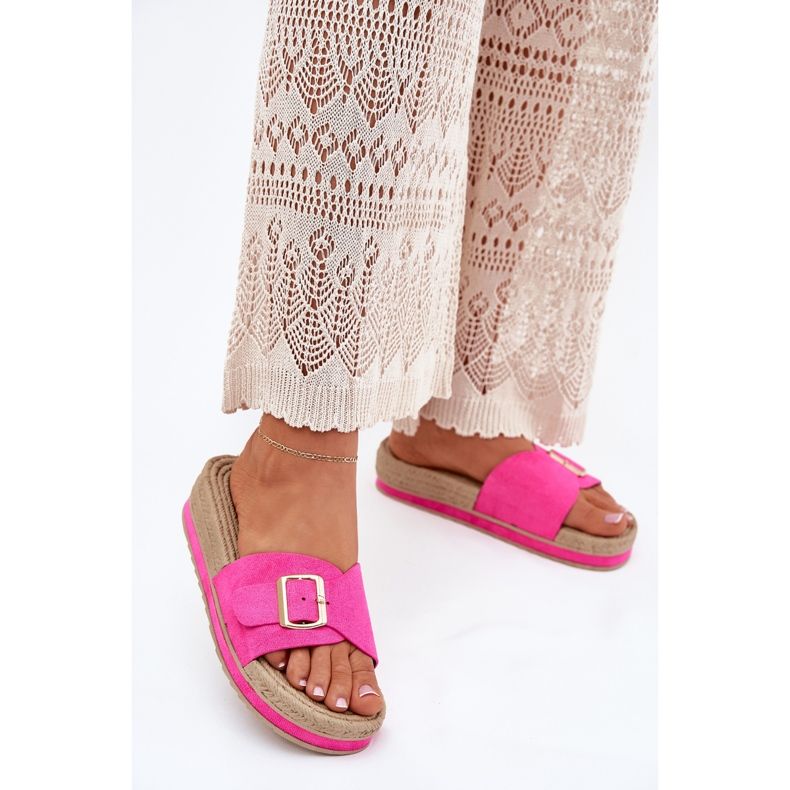Damenflip flops auf der Plattform mit der Golden Schnalle Fuchsia rosa 2