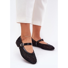 Dekorierte Frauen -Ballerinas mit Gürtel und Klemme schwarz 2