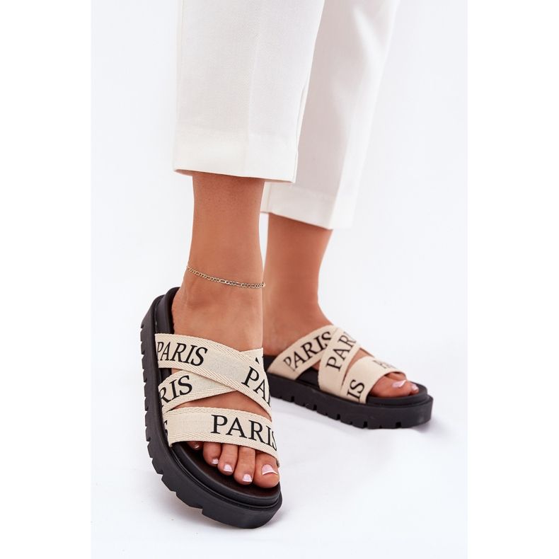Damenflip Flops mit Paris materiellen Streifen auf der Plattform Beige 2