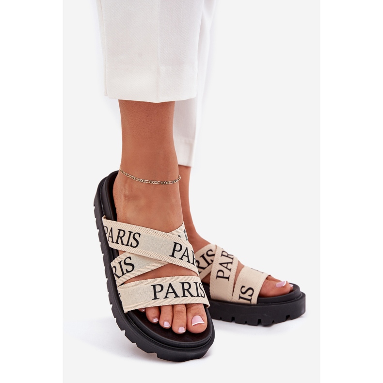 Damenflip Flops mit Paris materiellen Streifen auf der Plattform Beige 1