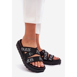 Flip Flops für Frauen mit Paris materiellen Streifen auf der Plattform schwarz 1