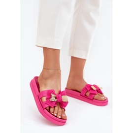 Damenflip flops mit einem Bogen und einer goldenen Brosche Fuchsia rosa 2