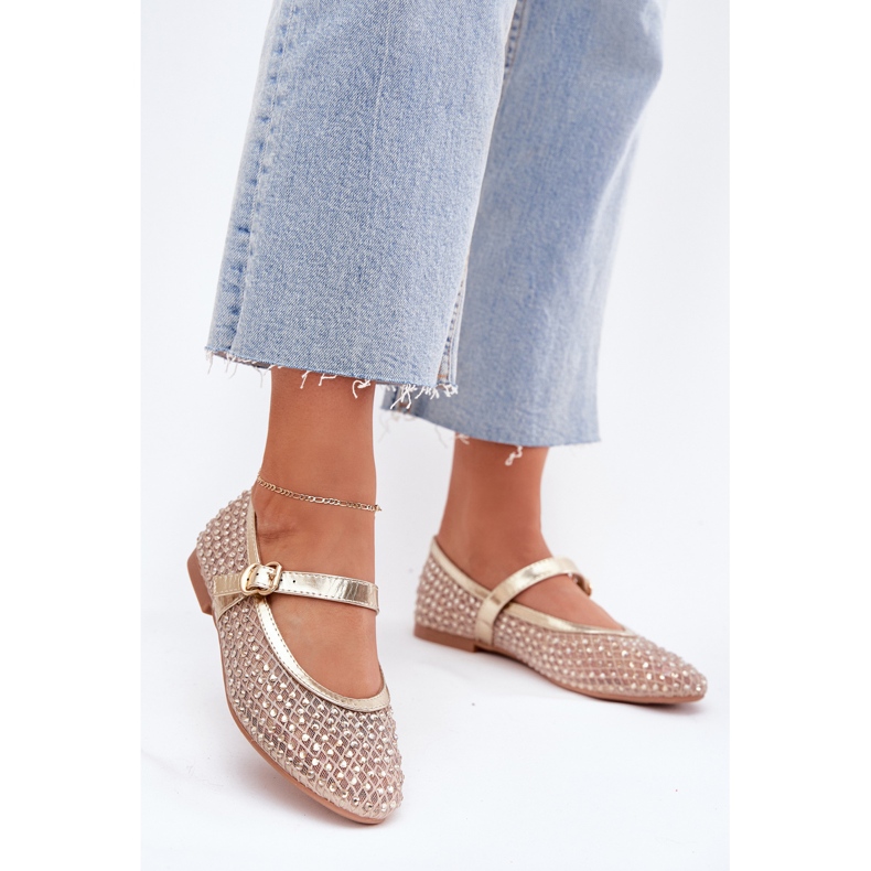 Dekorierte Frauen -Ballerinas mit einem Streifen und einer goldenen Klemme 2