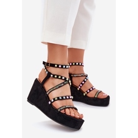 Frauensandalen für Keil mit Dekoration auf Streifen Schwarz 1