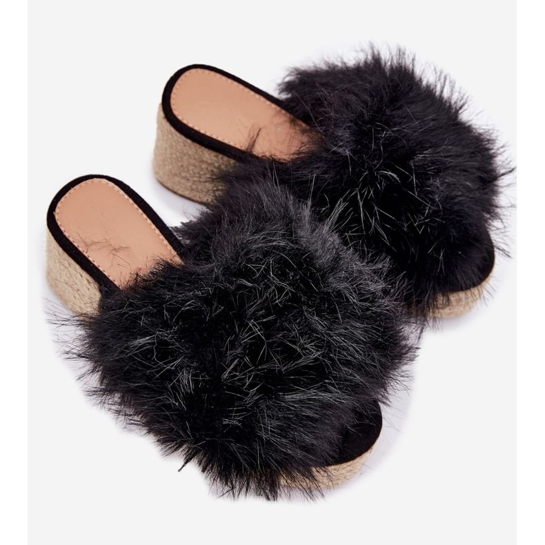 Damenflip flops mit Keil mit Fell und Geflecht schwarz 2